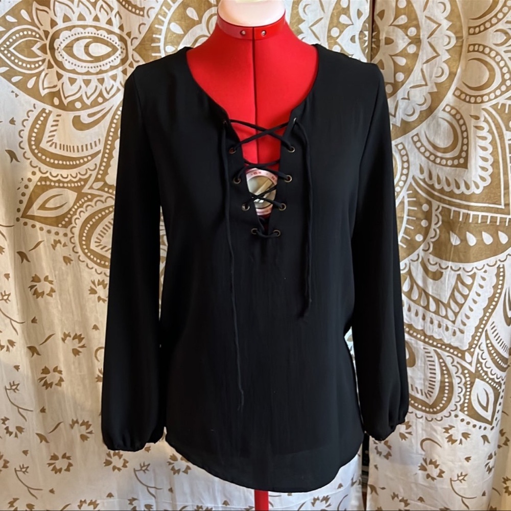 NWOT cross cross tie-neck long sleeve blouse